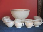Depression Glass Hazel Atlas Punch Bowl Set Sandwich Design 22kt Gold Trim