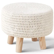  Pouf Ottoman, 100% Cotton Knitted Boho Footstool, Round Footrest with Beige
