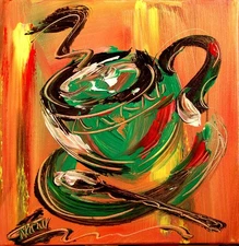 GREEN  CUP Abstract Modern Original Oil Painting  CANVAS BY KAZAV 9T9DD7