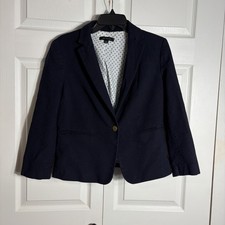 Ann Taylor Navy Blue Blazer Women 8 One Button Notched Lapel 3/4 Sleeve Jacket