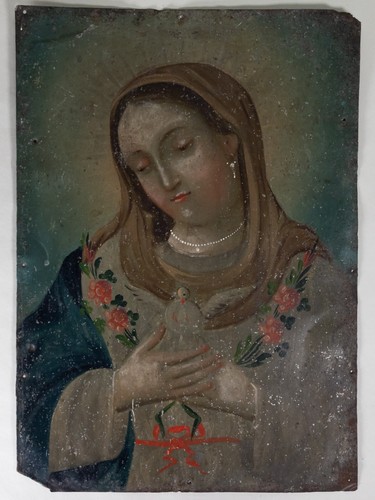 Mexican "El Alma de María" Retablo, Oil Painting on Tin - 14" x 10", C.1890