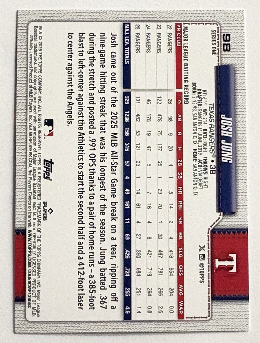 ジョッシュ品 2026 Topps Series 1 - Josh Jung #98 Silver Crackleboard | eBay