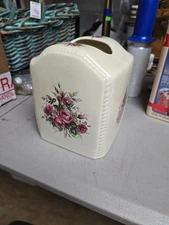 Victorian Rose Domed Top Upright Tissue Box Cover  5 1/4" Square 6 1/2" Tall