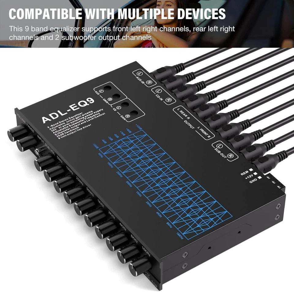 9 Band Car Audio Equalizer, Car Graphic Equalizer EQ W/Front Rear +Sub Output 8V - Image 4 of 4