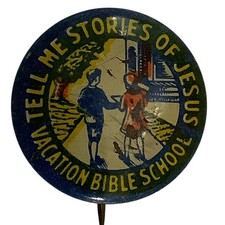 c1930/40s Vacation Bible School, Tell Me Stories of Jesus Lapel Pin, 3/4"D