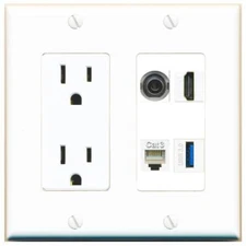 3-5MM HD PHONE USB-3 Port Wall Plate w/Power Outlet White