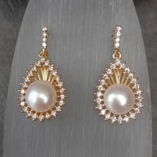 Cultured White Pearl Cubic Zirconia Pave Teardrop Dangle Stud Earrings