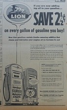 1956 newspaper ad for Lion Gas - Save on every gallon, gas with Lionite additive