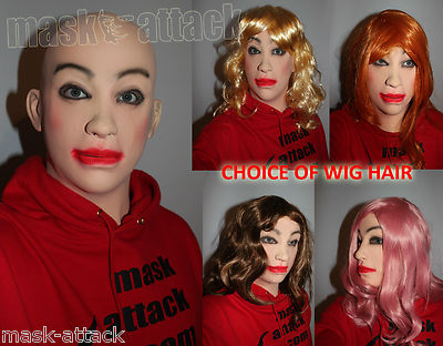 LATEX WEIBLICHES MÄDCHEN CROSS KLEID GUMMI VOLLER KOPF FRAU LADY TV KAPUZE MASKE + HAARE