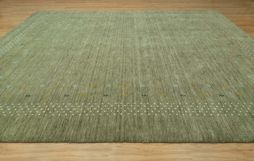 Olive Green Area Rug, Minimal 8 X10 Rug, Handknotted Solid Color Wool Rug - Picture 4 of 37