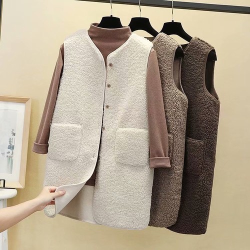 Women Pocket Gilets Button Lambswool Jacket Long Coats Fleece Fur Waistcoat Vest - Picture 3 of 21