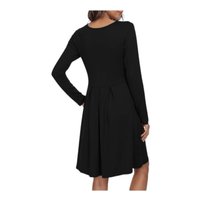 DouBCQ Women's Casual Long Sleeve Pleated Swing Dress With Pockets - Black XXL Fall Midi Dress