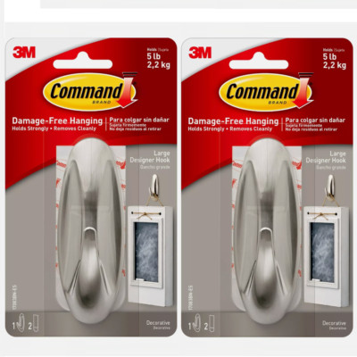 2 Packs 3M Command 1 Large Designer Hook & 2 Adhesive Strips Per Pack Max 5 lb