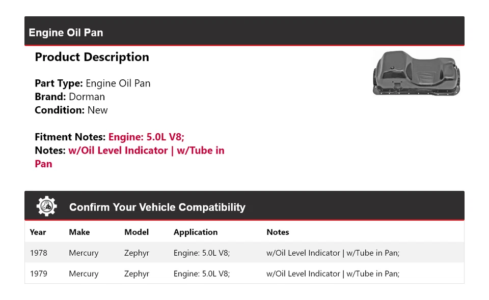 Para Mercury Zephyr 1978-1979 5,0 L V8 Dorman cárter de aceite del motor Foto 2 de 4