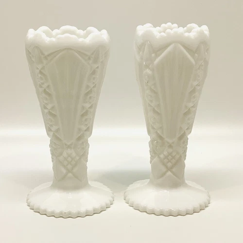 VINTAGE  MCM Milk Glass Bud Vases 6 inches Tall Pressed Set Of Two