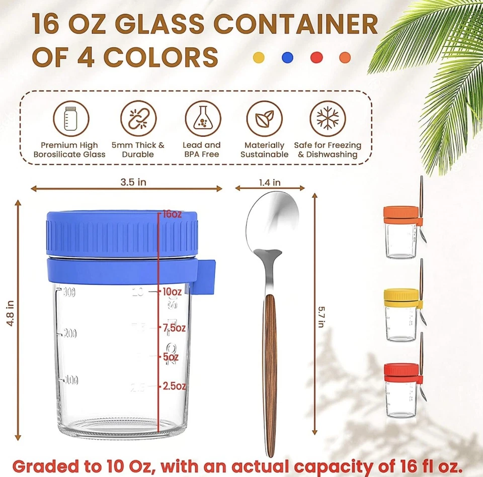 NOVO 16 Oz Recipientes de Aveia Noturna com Tampas e Colheres - Conjunto de 4 Frascos de Vidro - Imagem 2 de 4