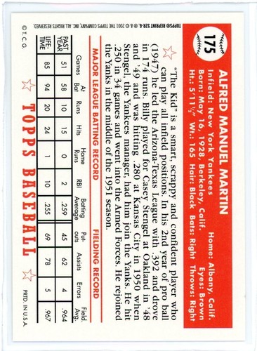 2001 Topps Baseball 1952 Reprint #52R-G Billy Martin Gold NM Yankees - Picture 2 of 2