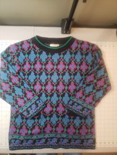 Vintage Rivy Sweater Womens Medium Multicolor Geometric Floral Acrylic Pocket