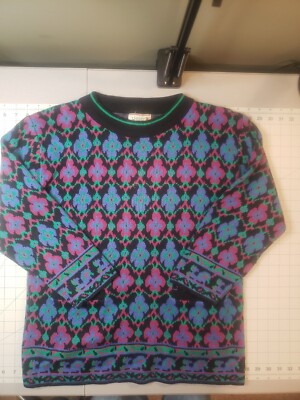 Vintage Rivy Sweater Womens Medium Multicolor Geometric Floral Acrylic Pocket 