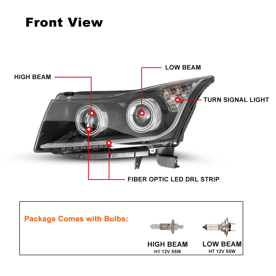 For 2011 2012 2013 2014 2015 Chevy Cruze Projector Headlights Black LED DRL PAIR - Imagem 4 de 4