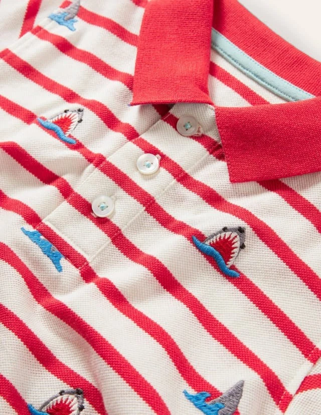 Mini Boden Boy's Embroidered Polo Shirt in Red/Ivory Sharks Sizes 4-5, 5-6, 8-9 - Image 3 of 4