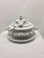 Italian Soup Tureen with Lid Ladle and Serving Platter w/ Fruit & Floral Accents