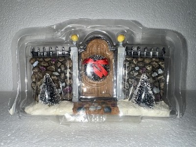 Christmas Village Accessory Stone Fence wood Gate Pine Trees Wreath Resin