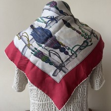 Vintage 34" Square Red Equestrian Print 100 Silk Scarf Tassels Ropes