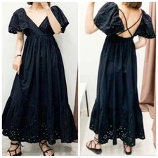 Zara Black Cotton Broderie Anglaise Lace Short Sleeve Boho Maxi Dress Size M...