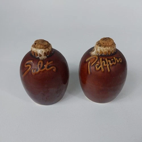 Vintage HULL Pottery Salt & Pepper Shakers Brown Drip Glaze Oven Proof USA