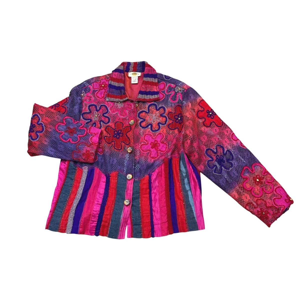 SANDY STARKMAN ヴィンテージ デニムジャケット　3D インド製 Sandy Starkman Women's Jacket Sz L Vintage Art To Wear Hippie