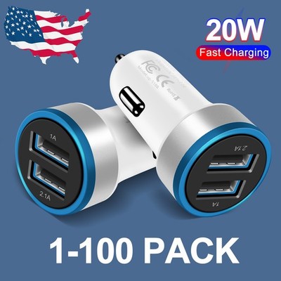 1-100x US Dual 18W USB C Fast Charging Adapter Cigarette Lighter Car Charger Lot