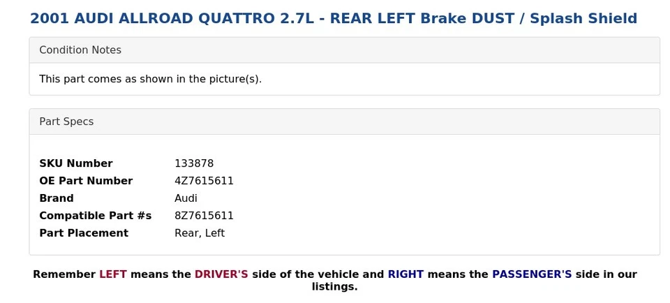 2001 AUDI ALLROAD QUATTRO 2.7L - REAR LEFT Brake DUST / Splash Shield - Image 4 of 4