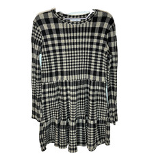Zara Trafaluc Plaid Babydoll Dress Black Cream Long Sleeve Womens Medium Mini