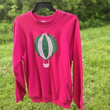 Vintage Hanes Hot Air Balloon Sweatshirt Embroidered Pink Green Womens XL 1990s