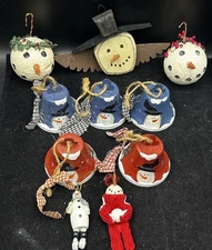 Lot Of 10 Snowmen Ornaments Primitive Folk Art Rustic Handmade Handpainted
