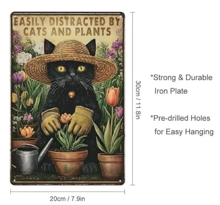 Placa de metal facilmente distraída por plantas de gatos 8x12 vintage decoração de parede de gato presente - Imagem 3 de 4