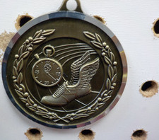 Silver Edged GOLD medal, 2" diam, ribbon-R, W  B, track, running,  engraving