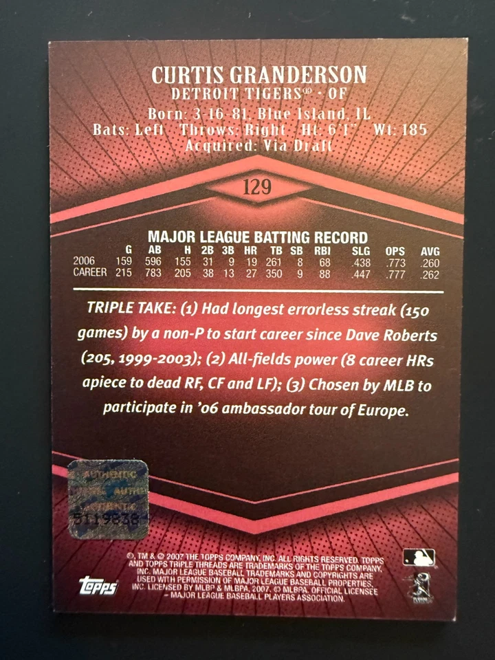 Topps Triple Threads Rising Star 2007 Curtis Granderson auto reliquia 39/99 #129 Foto 2 de 2
