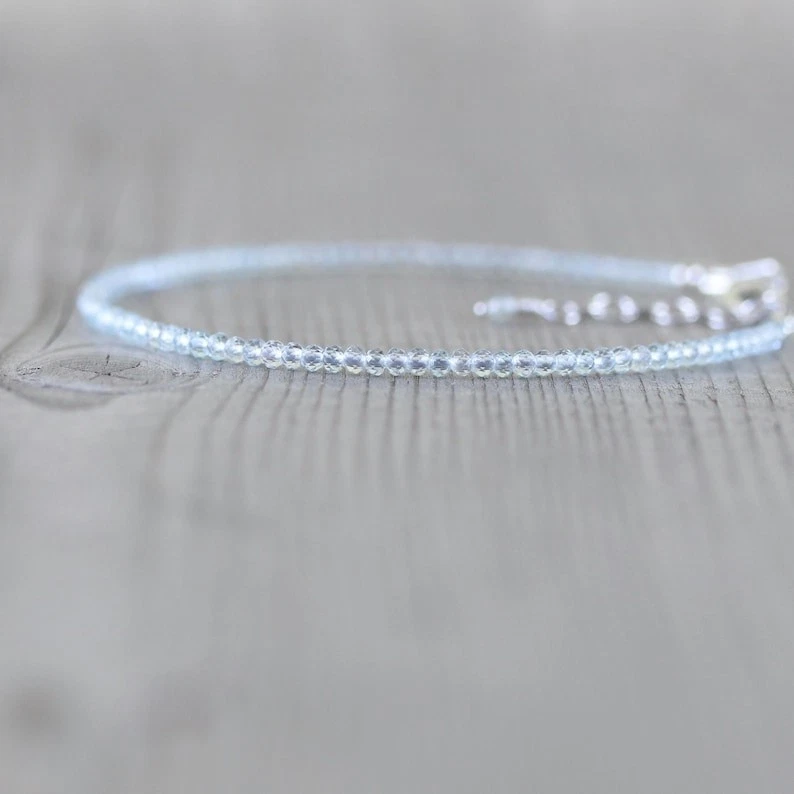 2MM Blue Topaz Faceted Round Gemstone Beads Women Handmade Dainty Bracelets 6-8" - Image 2 of 4