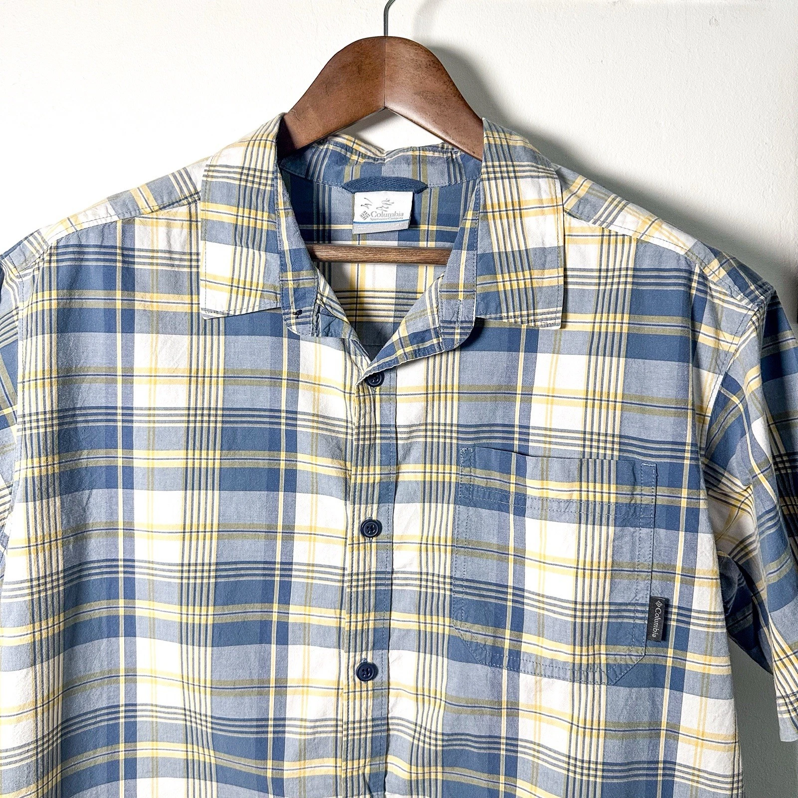 Columbia Checkered Plaid Outdoors Hiking Shirt Yellow Blue - XL