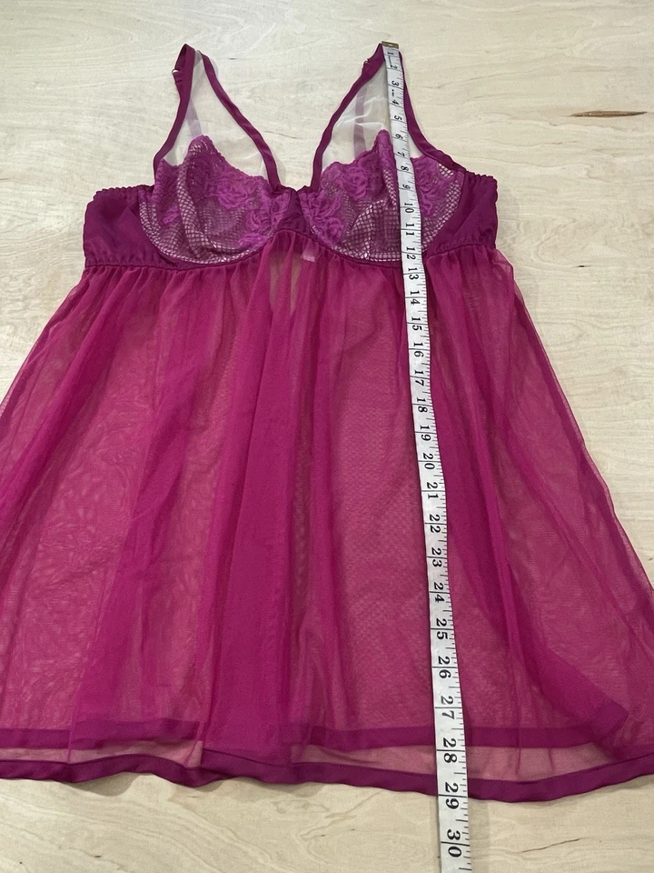 Cacique Mujer Fucsia Rosa Caliente Encaje Transparente Babydoll Chemise Lencería Talla 18/20 Foto 2 de 4