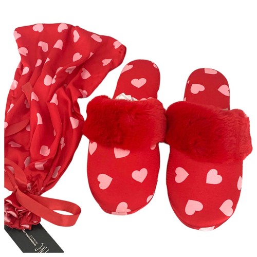INC International Concepts Women's Large, Med Red Hearts Faux-fur-trim Slippers
