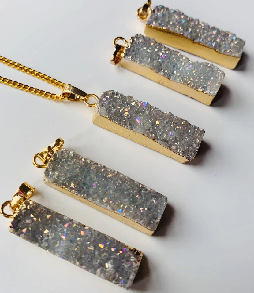 Collar Barra Gris Plata Chapado en Oro Natural Druzy Geoda Colgante Cristal NUEVO Foto 4 de 4