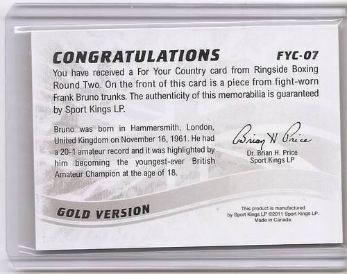 2011 Ringside Boxing Round Two Frank Bruno For Your Country Gold Trunks Card /10 - Picture 2 of 2