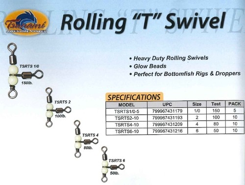 Tsunami Beaded Rolling T-Swivel with Glow Beads Size 6, Pack of 10 - TSRTS6-10 - Picture 2 of 2