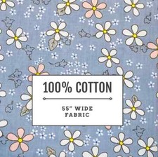 60 Width 100 Cotton Blue Daisy Fabric 1 Yard Piece Sewing Quilting
