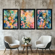 Set of 3 Vibrant Floral Wall Prints Flower Meadow Home Office Wall Art Pictures 