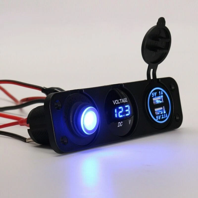 Universal 12V Voltmeter Blue LED Dual USB 3.1A Car Charger Rocker Switch Panel - Image 3 of 4