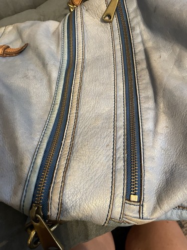 Amazing Vintage Fossil Explorer Sky Blue Leather Tote Foldover Messenger Bag - Picture 10 of 10